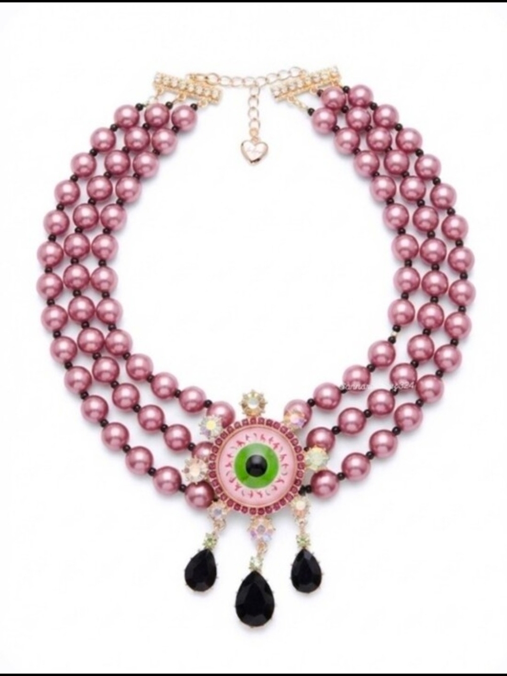 👉✨️Betsey JohnsonMulti-Strand Pink Pearl Statement Necklace Ornate Eye Pendant - Picture 4 of 5